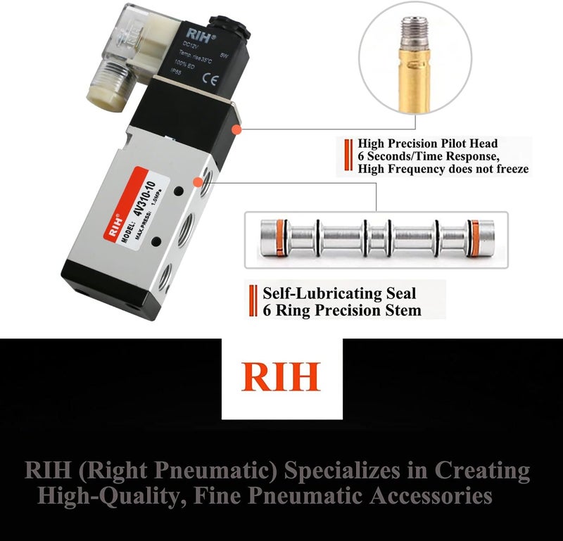 RH Pneumatics Solenoid Valve 4V310-10 12V/24V/110V Series Single Coil Pilot-Operated Electric 2 Position 5 Way Connection Type (DC12V/Junction Box, 3/8"NPT) - Image 4